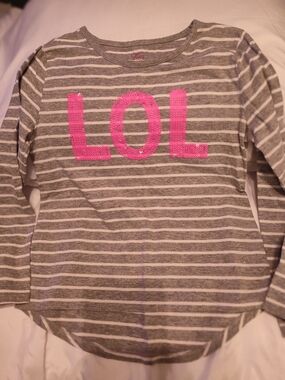 Girls Gray & White Striped Long-Sleeve Top with Pink Sequin "LOL"